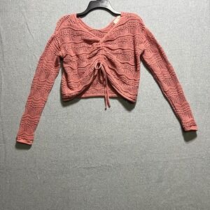 Jessica Simpson Womens Small Pink Open Knit Cropped Ruched Front Tie Sweater